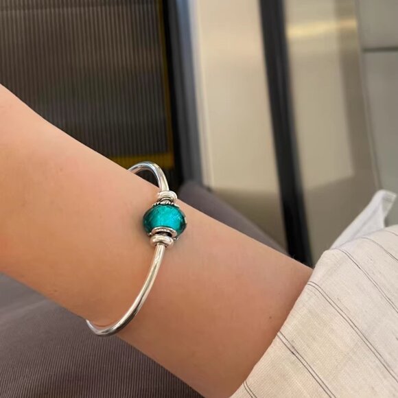 Pandora Silver Open Bangle with Blue Faceted Murano Glass Charm - Picture 5 of 5